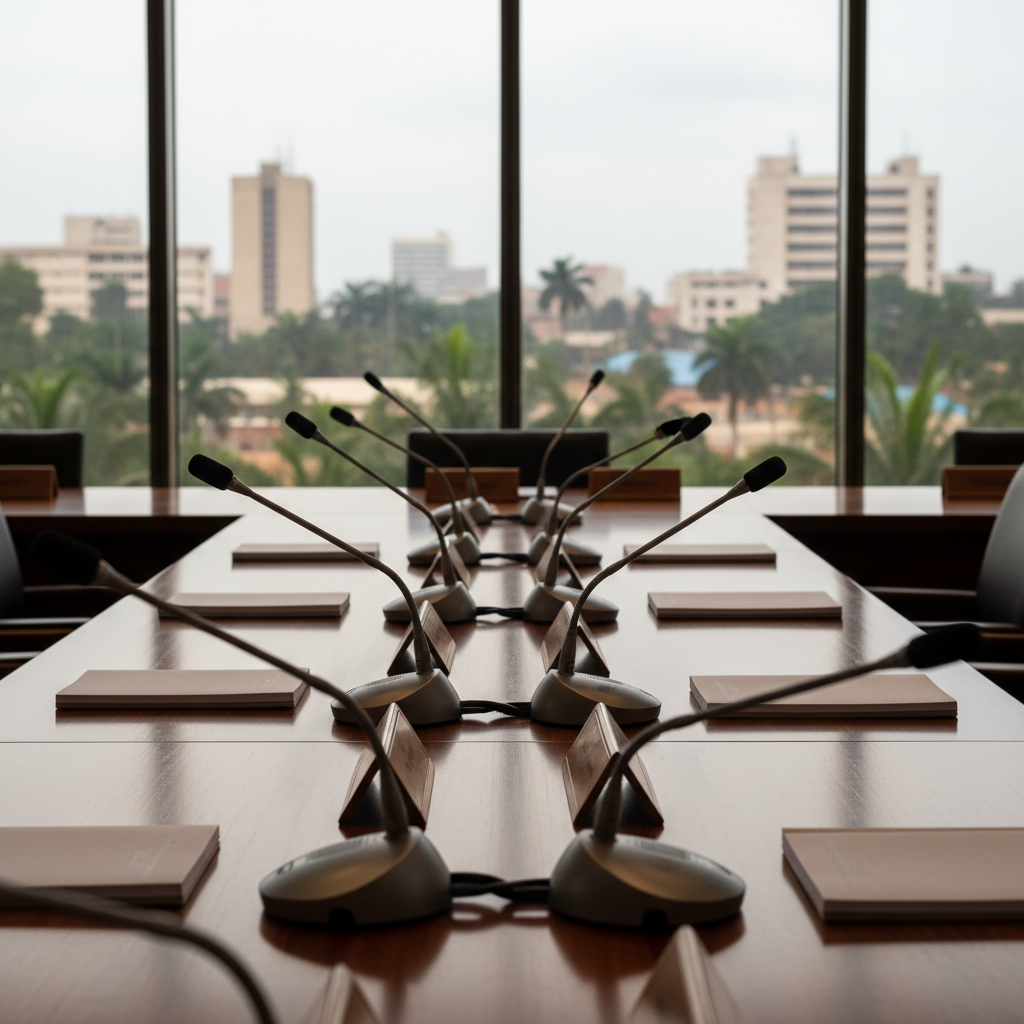 A close, photographic view of a polished wooden conference table inside a modern institutional building in Kinshasa, covered with neatly arranged microphones, blank notepads, and nameplates turned away from the camera so they are unreadable. Behind the table, vertical windows reveal a slightly blurred cityscape with recognizable Congolese architecture and lush greenery. Soft, diffused daylight enters from the side, creating subtle reflections on the microphone metal and gentle shadows along the table’s grain. Shot at eye level with a shallow depth of field that keeps the table in crisp focus, the mood is serious, professional, and impartial, evoking the atmosphere of a press briefing or official announcement without showing any people or readable text.